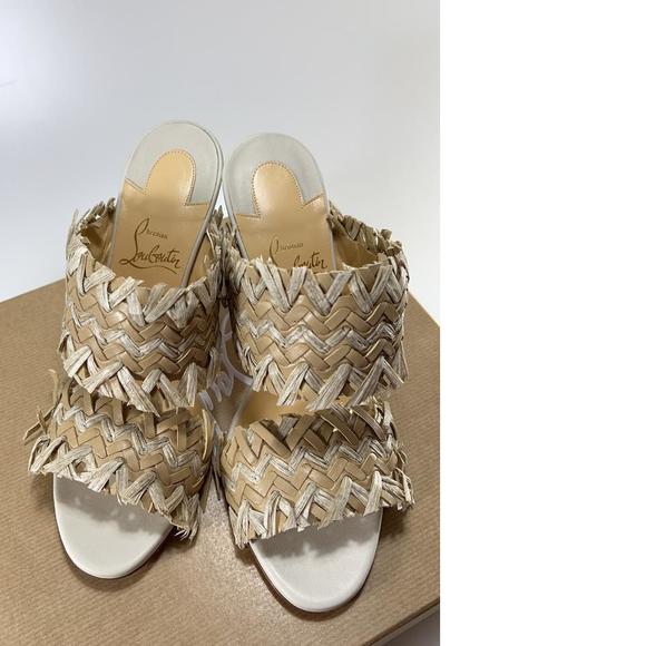 Meroine 85mm raffia Tan Woven fringe heels mules D985 - Picture 6 of 11